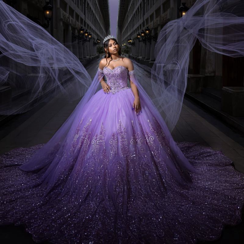 Quinceanera Lavender Dresses Ball Gown Off The Shoulder Sequin Applique Lace Beads Tull With Cape Party Birthday Sweet Vestido De Anos D