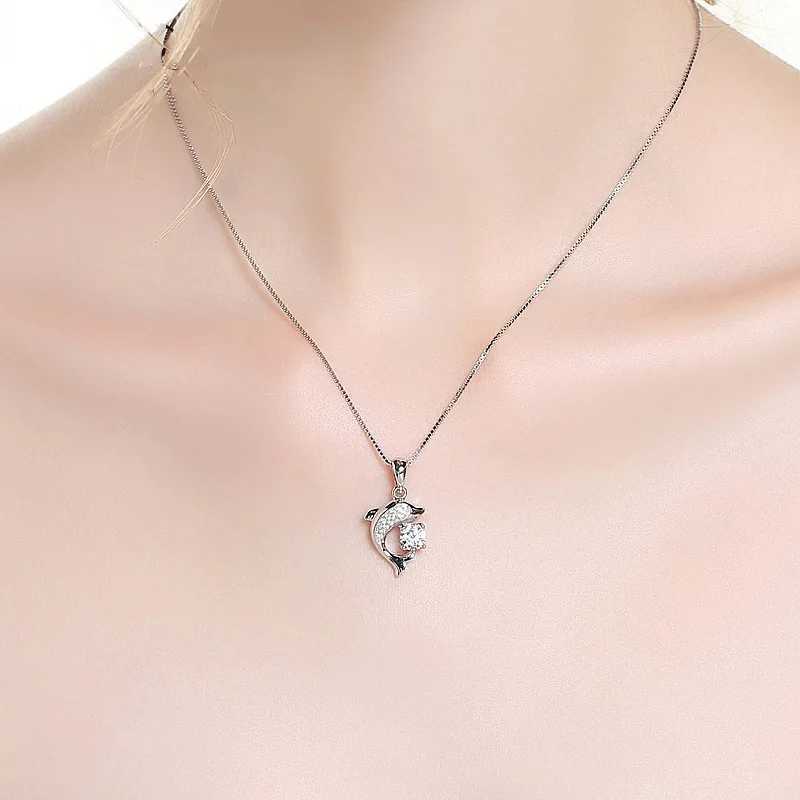 Real 925 sterling silver jewelry crystal dolphin amulet box pendant and necklace for womens wedding party gifts W241230