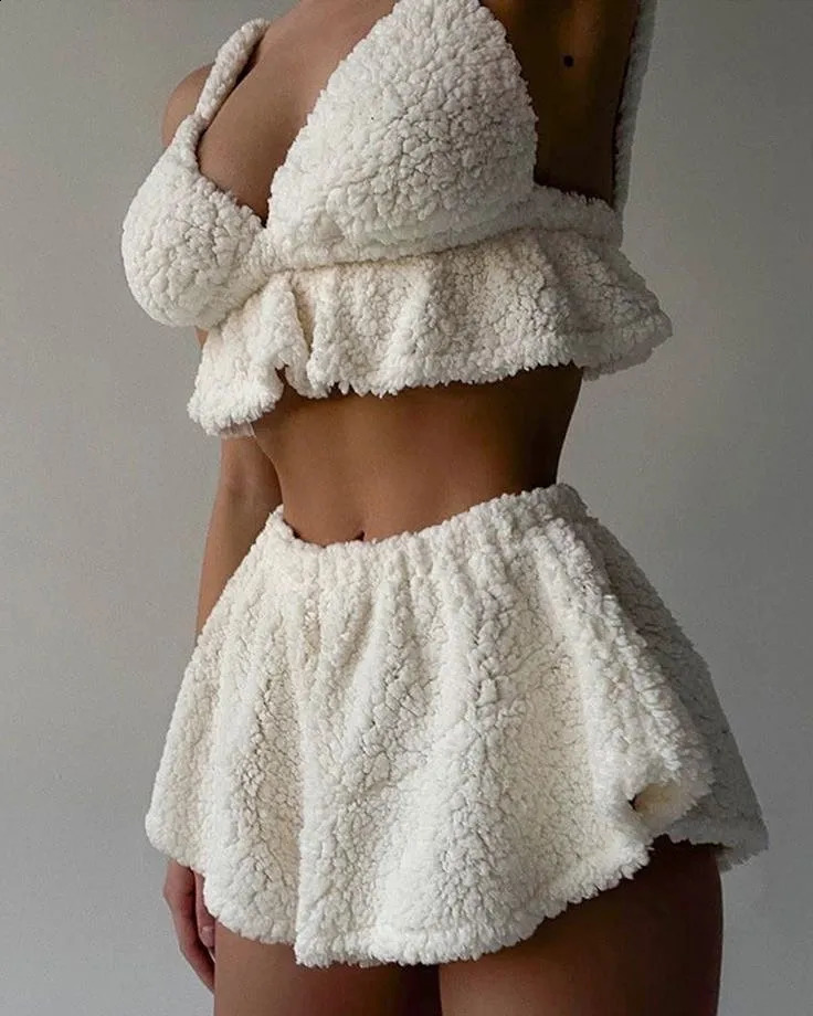 Y2K Autumn Winter Gothic Lamb Wool Halter Two Piece Set Harajuku Women Solid Color Pleated Skirt Suit Sexy Slim Female Vest Sets 241224