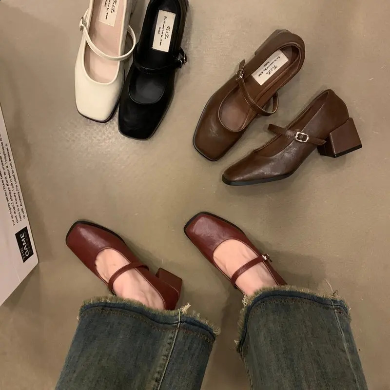 Beige High Heels African Woman Shoe Mary Jane 12cm Burgundy Latest Leather Spring Lolita Retro Summer Pumps Janes Lolita Sh 241227