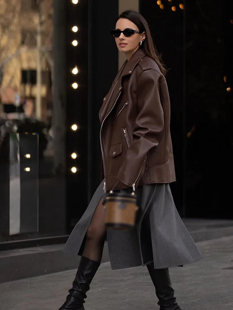 Lapel Zipper Leather Jacket Coat Silhouette Loose Solid Color Womens Casual Biker Jackets Retro Street Overcoat Autumn Top 241224