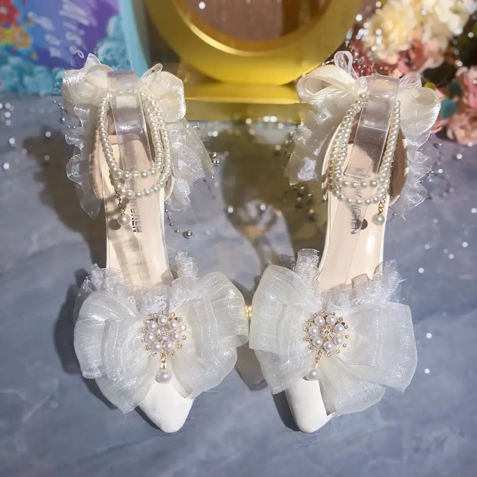 Elegant Womens Dress Shoes White Lolita Mary Jane Shoes Woman Pearl Lolita Sandals Sling Back Heels Women 241230