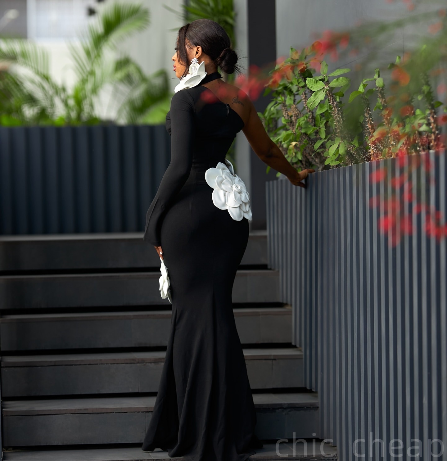 Black Mermaid Prom Dresses 2025 Flowers Full Sleeves Satin Evening Formal Party Second Birthday Engagement Gowns Plus Size Dress For Special Occasions