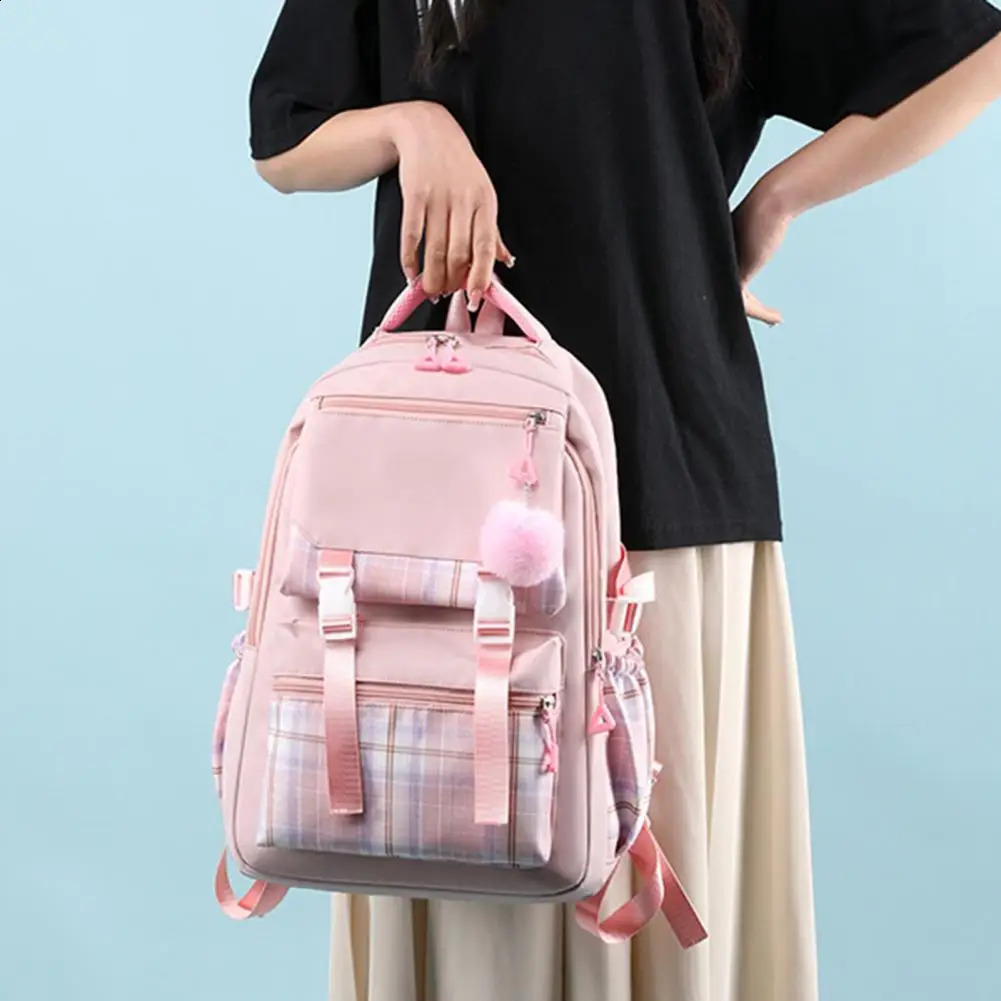 Student Backpack With Plush Ball Pendant Large Capacity Waterproof Pupil School Bag Travel Outdoor Activities Storage Bag 241230