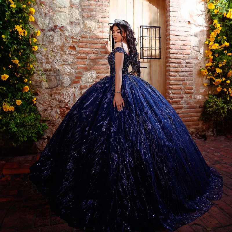 Navy Blue Shiny Quinceanera Dresses Off The Shoulder Sequin Lace Applique Beads Tull Ball Gown Birthday Party Sweet 16 Vestidos De 15 Anos