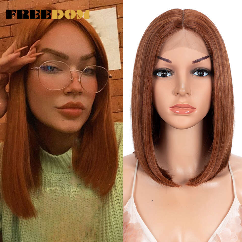 FREEDOM Straight Synthetic Short Bob Ombre Blue Ginger Wig Middle Part Lace For Black Women Cosplay Wigs