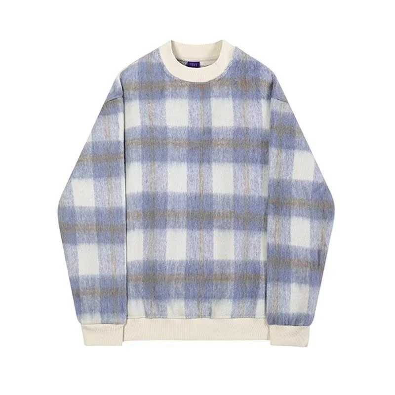 Autumn Plaid wool round neck sweatshirt for men Y2K retro gradient striped pullover hoodie High Street loose knit clothing W241230