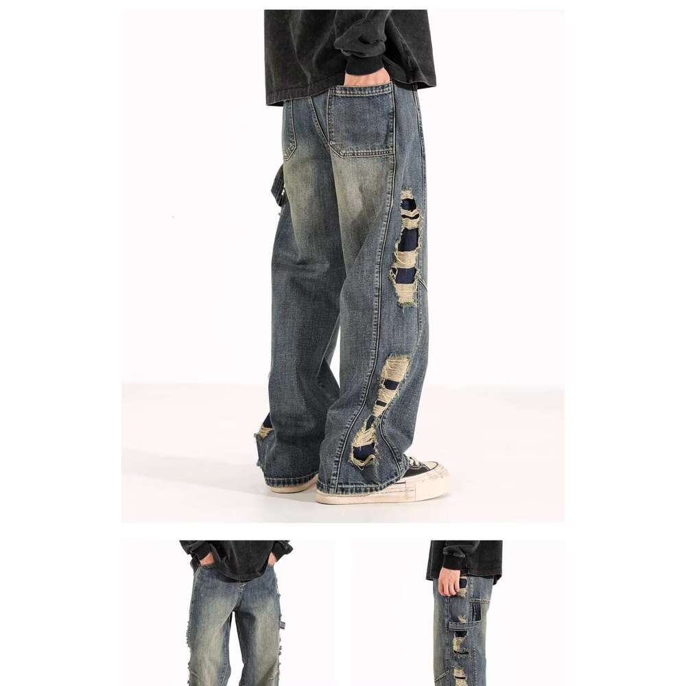 Men's Wear Hip Hop Jeans Street Jeans American Style Vintage Clean Fit Loose Ripped Jeans Men's High Street Trendy Brand Versatile Straight 