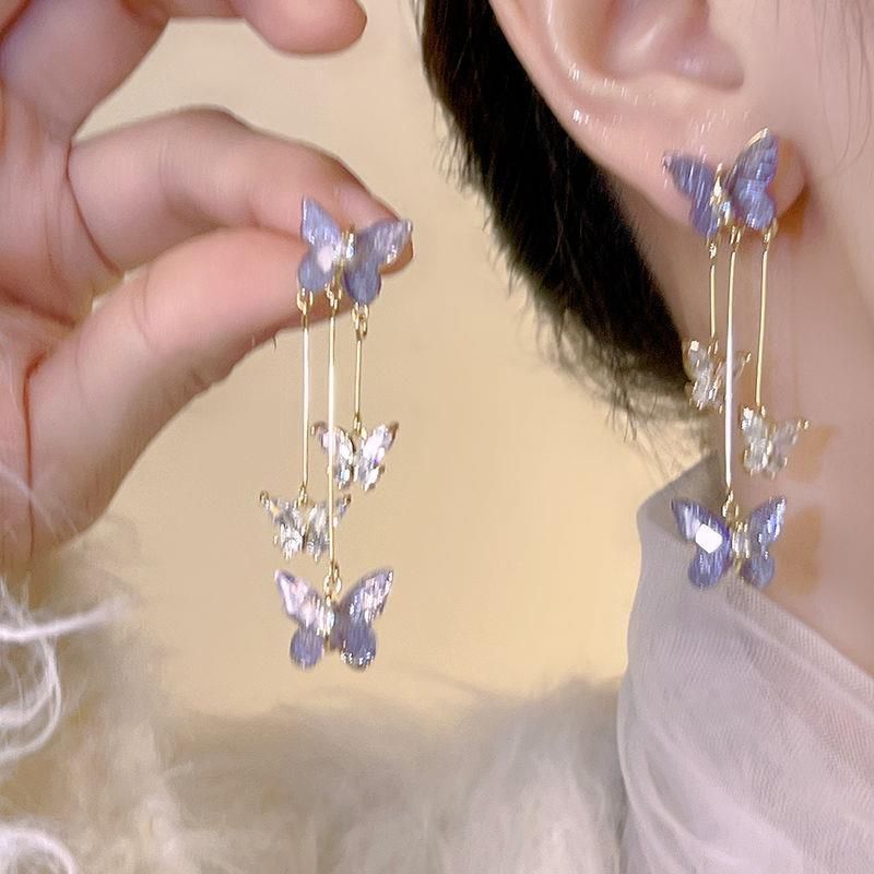Charming Lavender Crystal Butterfly Dangle Earrings with Delicate Tassel Detail