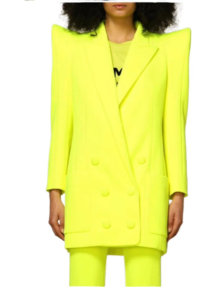 Newest Fashion Designer Jacket Women Peak Strong Shoulder Double Breasted Long Blazer Fluorescein