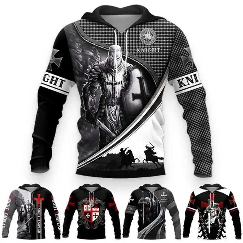 Knight Templar Hoodie Mens 3D Medieval Soldier Armor Printed Hoodie Retro Street Clothing Fashion Pocket Zipper Casual Clothing W241230