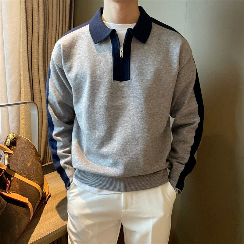 With Zipper Pullovers Male Splicing Polo Knitwear Contrasting Colors Mens Knit Sweater Y2k Streetwear Harajuku Long Sleeve Top 241230