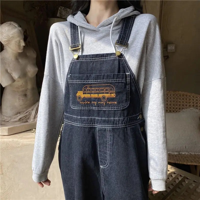 Jumpsuits Women Cartoon Embroidery Fashion Denim Suspender Harajuku Retro Wide Leg Baggy Cow BF Unisex Cute Chic Student 241230