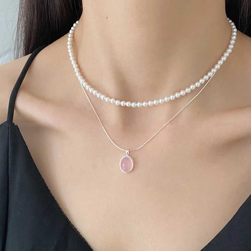 925 sterling silver pink crystal moonstone necklace suitable for womens fashion and simple oval pendant Collaone chain party jewelry W241230