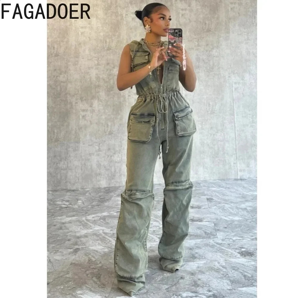 FAGADOER Retro Blue Fashion Denim Hooded Cargo Jumpsuits Women Zip Sleeveless Drawstring Playsuits Female Elastic Cow Overall 241230