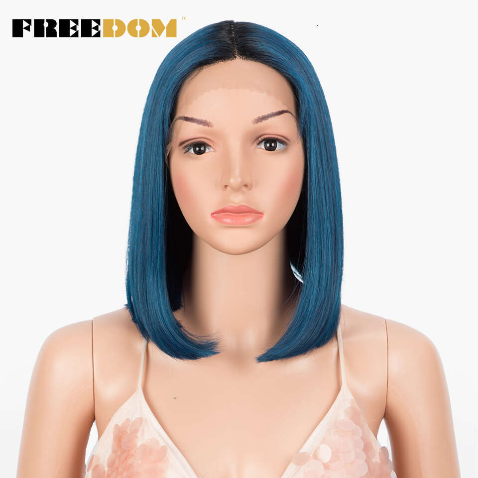 FREEDOM Synthetic Straight Short Bob Ombre Blonde Blue Wig Middle Part Lace For Black Women Cosplay Wigs