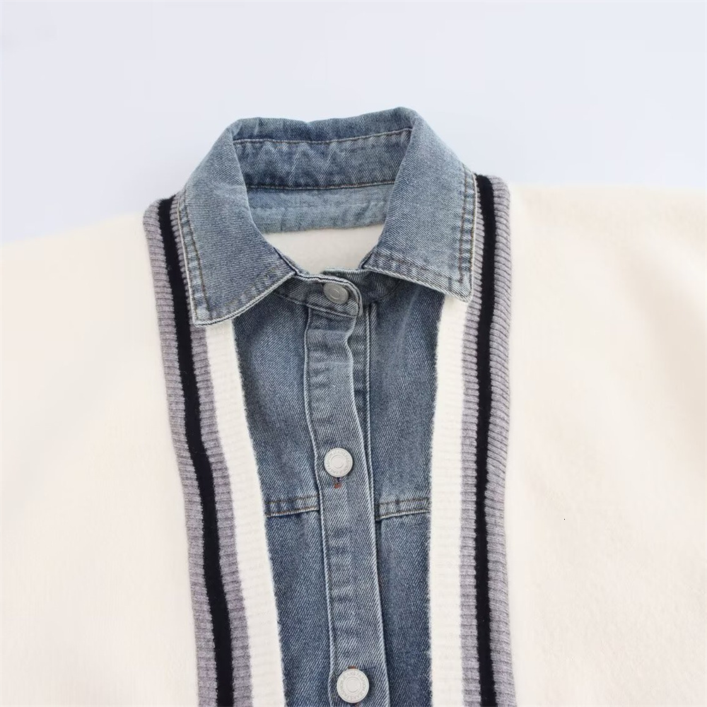 Autumn New Fashion Women's Casual Elegant Design Denim Patchwork Sweater Shirt Collar Striped Cardigan Jacket