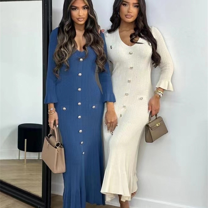 Elegant Knitted Long Dres Flare Sleelve V Neck Ruffles Single Breasted Bodycon Dresses Party Fashion Office Lady Vestidos 241228
