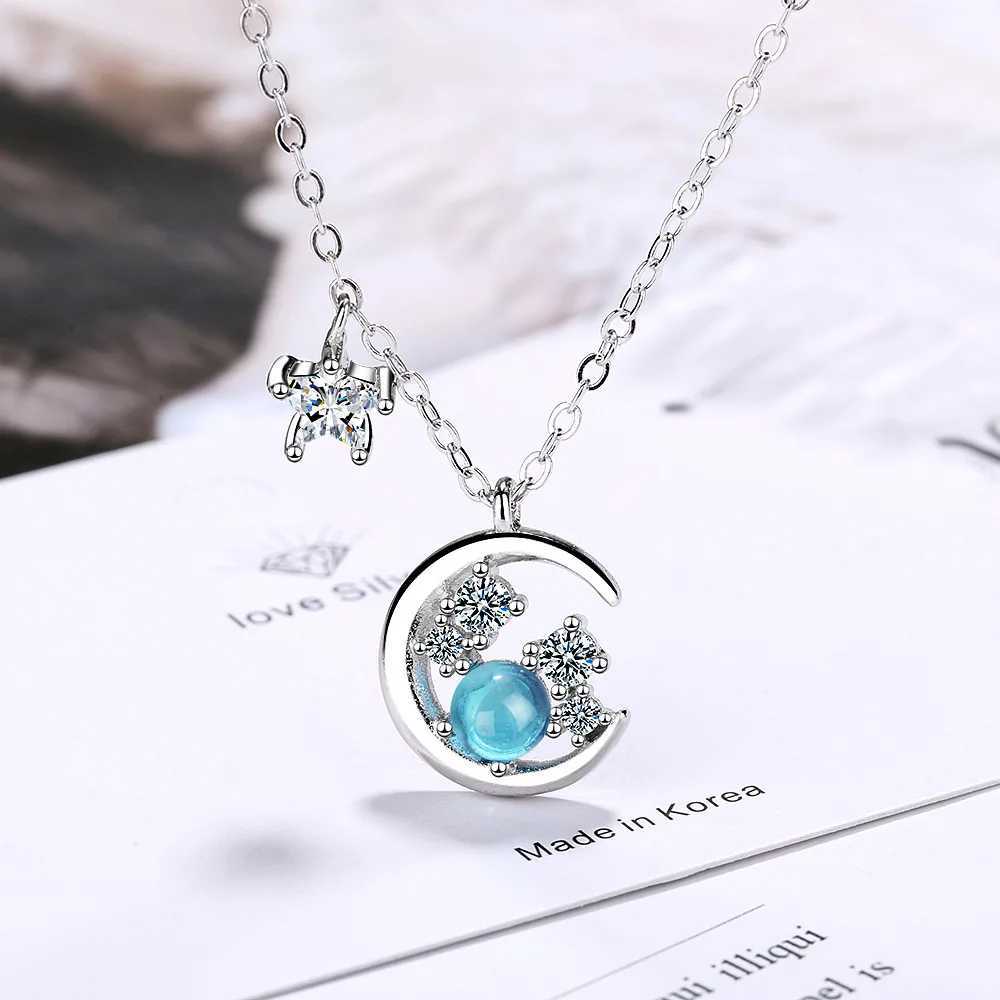 925 sterling silver blue crystal moon pendant necklace suitable for womens weddings luxurious and exquisite jewelry W241230