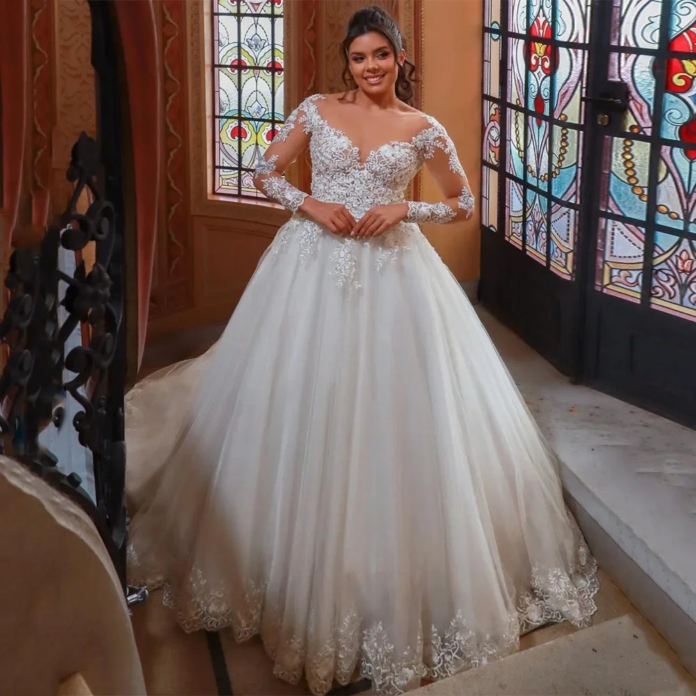 2025 Elegant A-line Bride Wedding Dress Scoop Long Sleeves Applique Illusion Back Zipper Buttons Bridal Formal Gowns Vestidos De Novia Robe De Mariage
