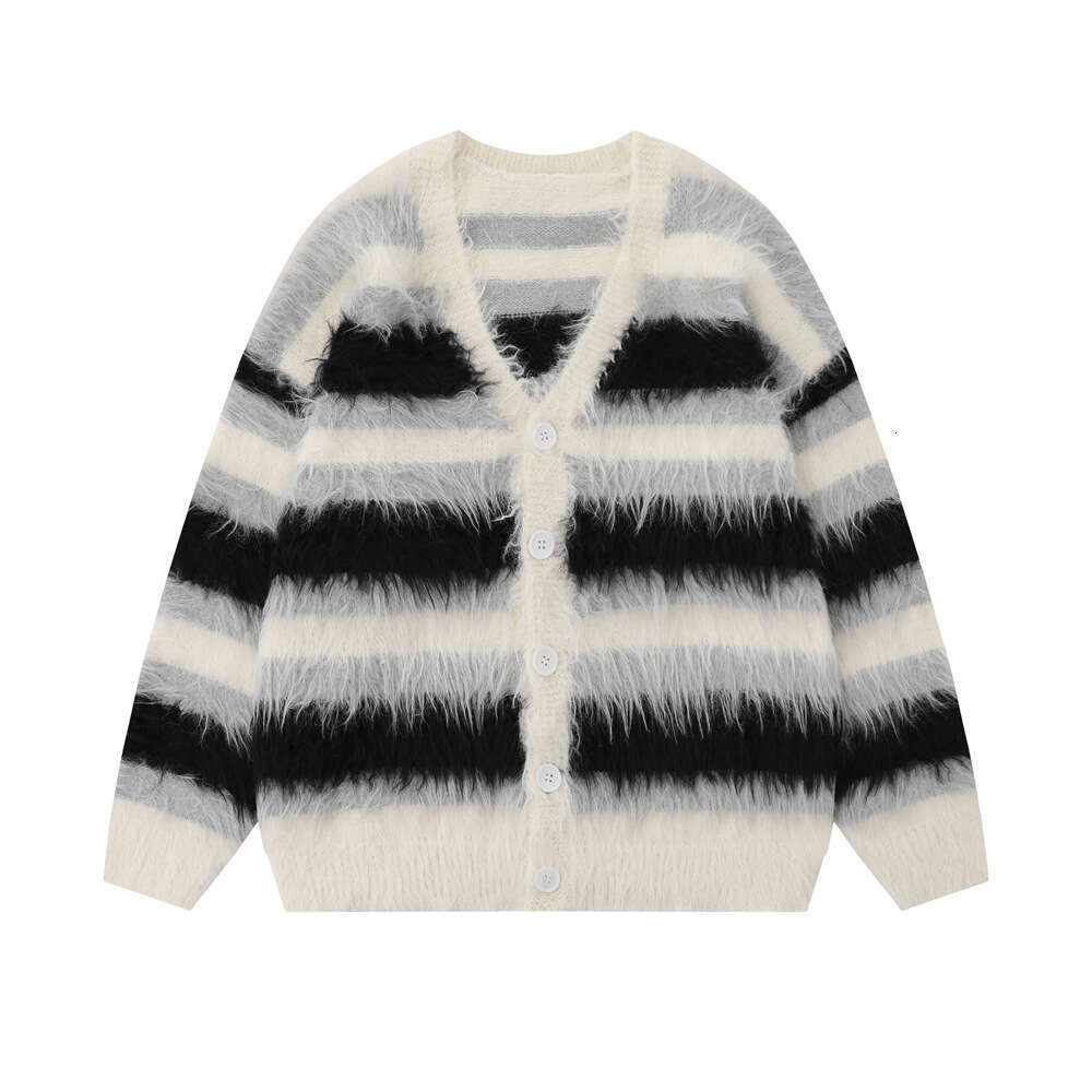 Men's Wear Striped Plush V-Neck Sweater Men's Loose Casual Brushed Knit Trendy Couple Versatile Comfortable Haruku High Street Cardigan