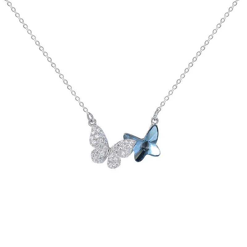 OBEAR 925 sterling silver blue crystal butterfly necklace womens jewelry memory wedding Valentines Day gift W241230