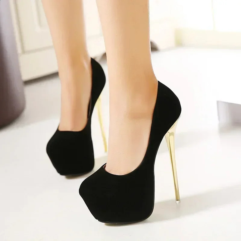Sexy Club Suede Womens Black High Heels 16cm Stiletto Shoe Female Waterproof Stripper Flock Pumps Ladies Shoes Plus Size 45 241230