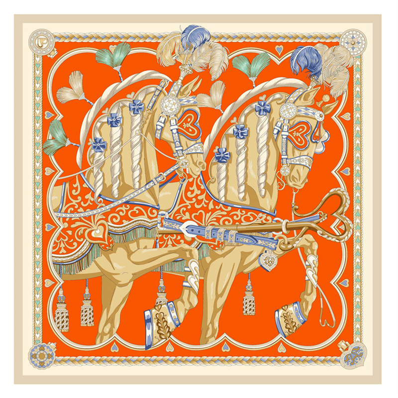 New Twill Silk Scarf Women Tassel warhorse Printing Square Scarves Fashion Wrap Female Foulard Large Hijab Shawl Neckerchief 130*130CM Decorative Scarf Beach Towel
