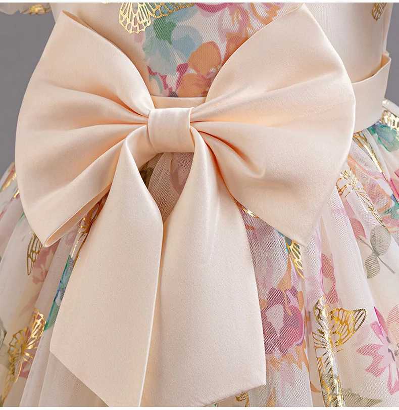 Girl's Dresses Girls new bubble sleeve big bow print sweet and cute princess dress graduate evening gown Y250227DEFX
