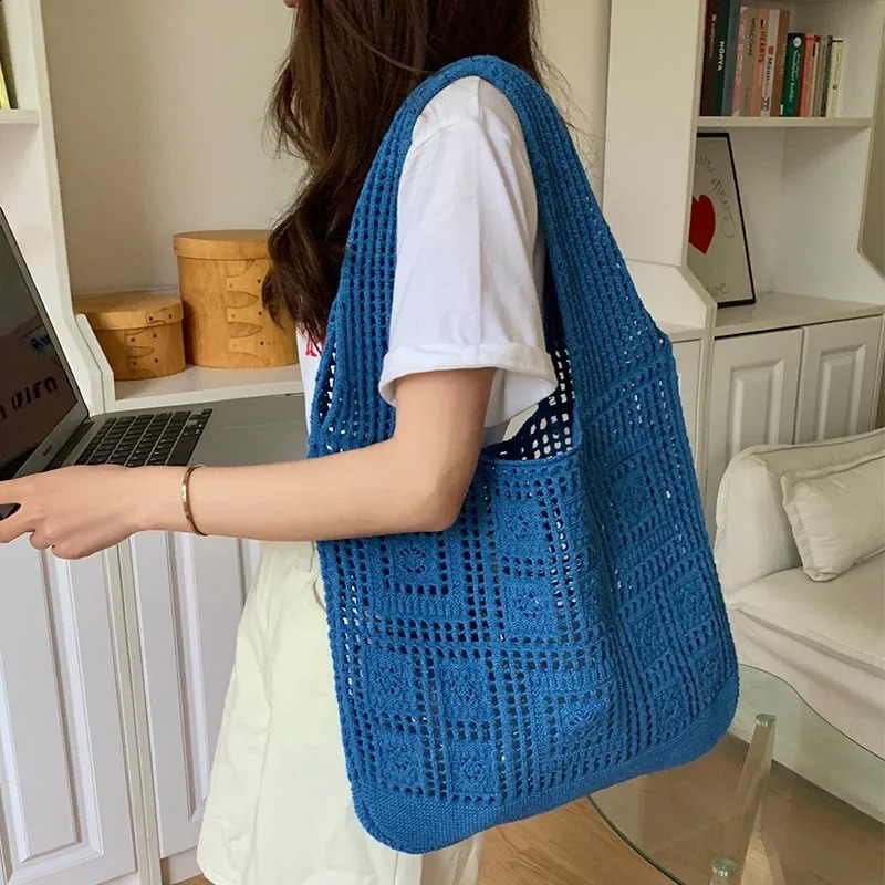 Knitted Handbags Female Large Capacity Womens Pack Summer Beach Bag Big Purses Casual Hollow Woven Shoulder Bags 241227