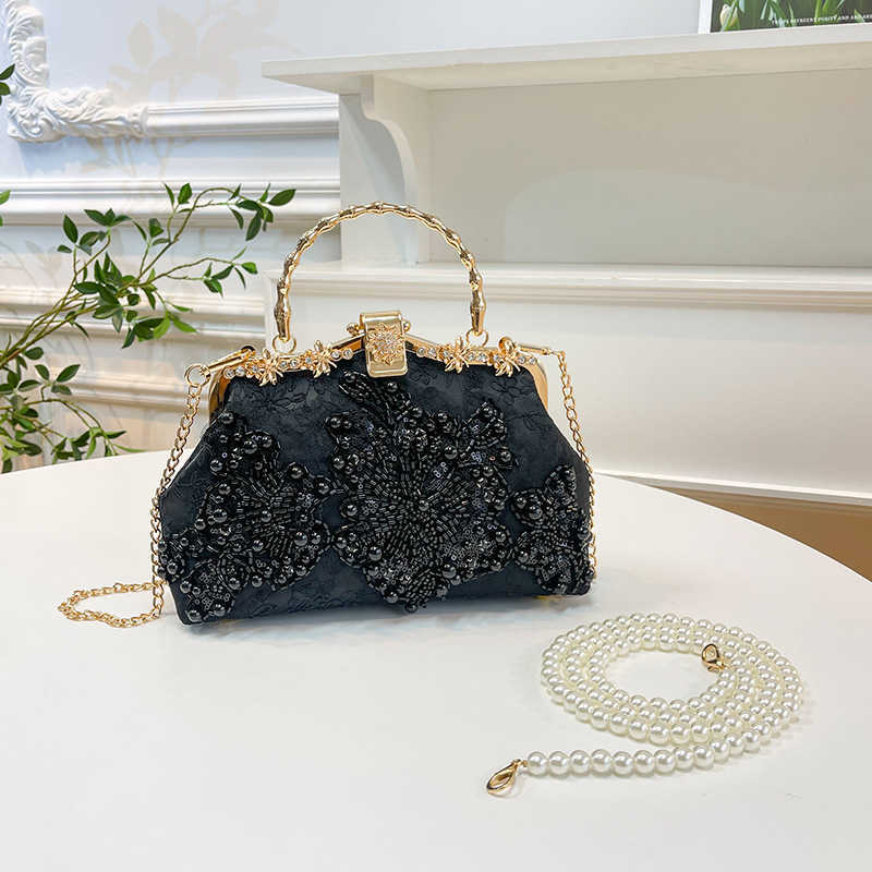 Pearl Embroidered Fashion Handbag Qipao Banquet Handheld Bag Chain Bar Bag Embroidered Pearl Bag Single Shoulder Bag Pearl Chain Bag