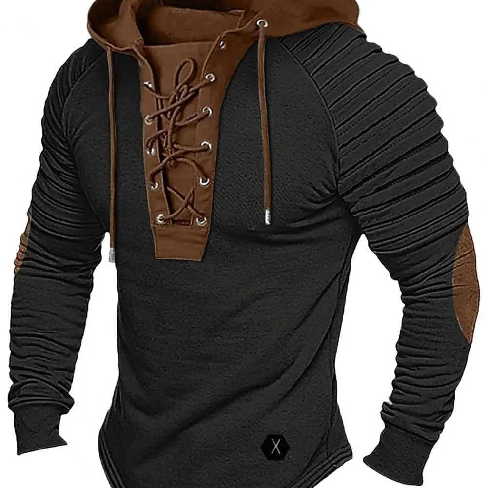 Mens Spring Autumn Hoodie with Folded Shoulders Colored Lock Brushed Hoodie Top Long Sleeve Lace Retro Mens Daily Hoodie W241230