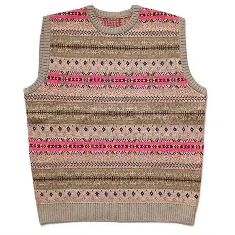 Non Kapital Vintage Skeleton Printed Round Neck Men's Ethnic Retro Pattern Knitted Pullover Loose Sweater Vest Annual Jia Brand