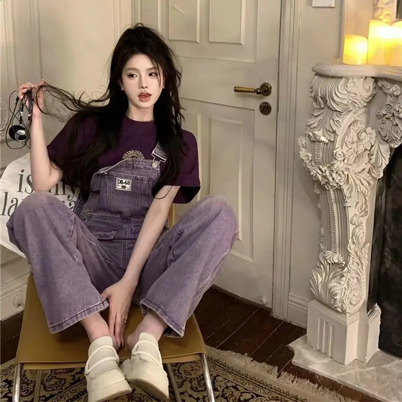 Youth Series Women Vintage Niche Purple Cow Summer Loose Korean Solid Casual Wide Legs Office Lady Affordable Rompers 241230