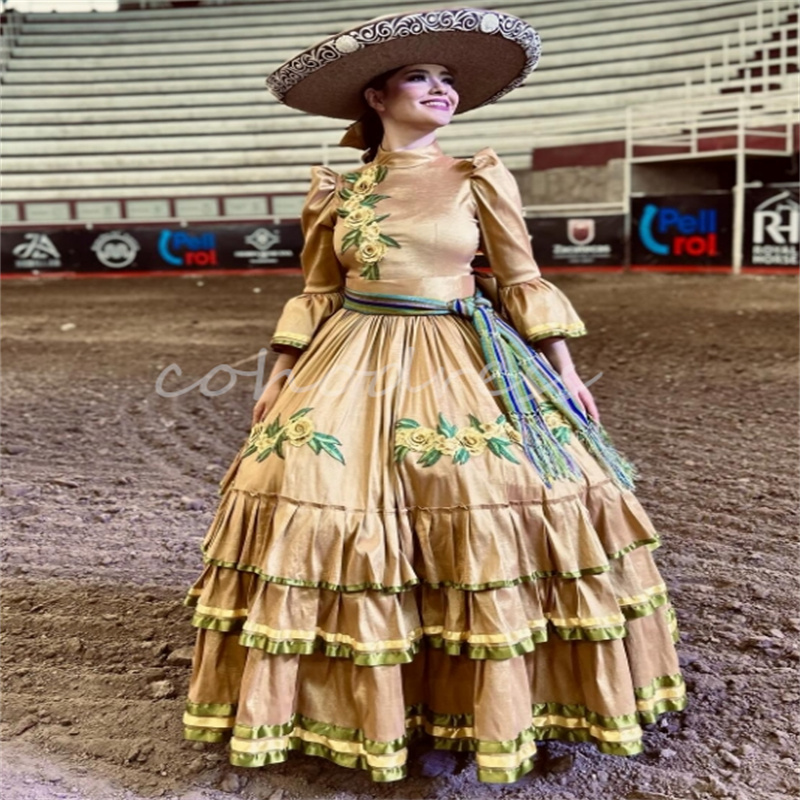Traditional Mexico Gold Quinceanera Dresses Jalisco Dress Folklorico Embroidery Vestidos De 15 Anos Mariachi Prom Party Jalisco Xv Debutant Para Hallo