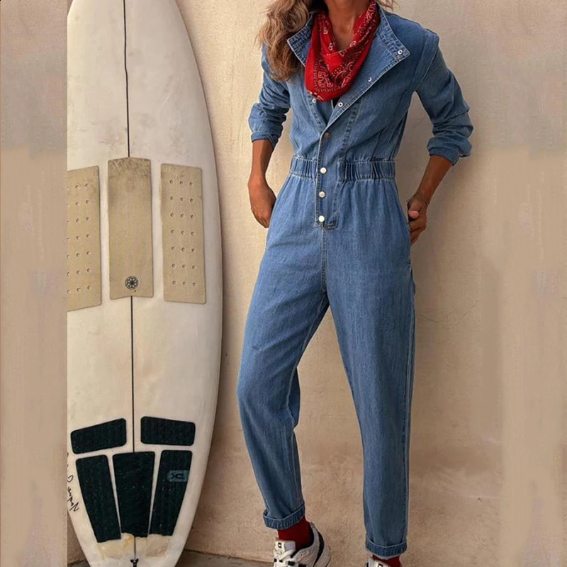 Women Fashion Button Solid Long Rompers Causal Long Sleeve Pocket Pencil Playsuits Elegant O-neck Elastic Waist Cow Jumsuits 241230