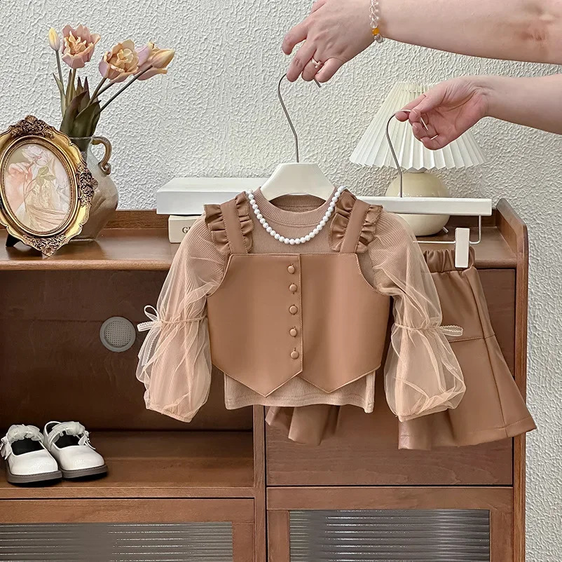 2024 Girls Suit Elegant Style Little Girl Suit Autumn Dress Long Sleeve Base Shirt Three-piece Set Kids Clothes Girls 241226