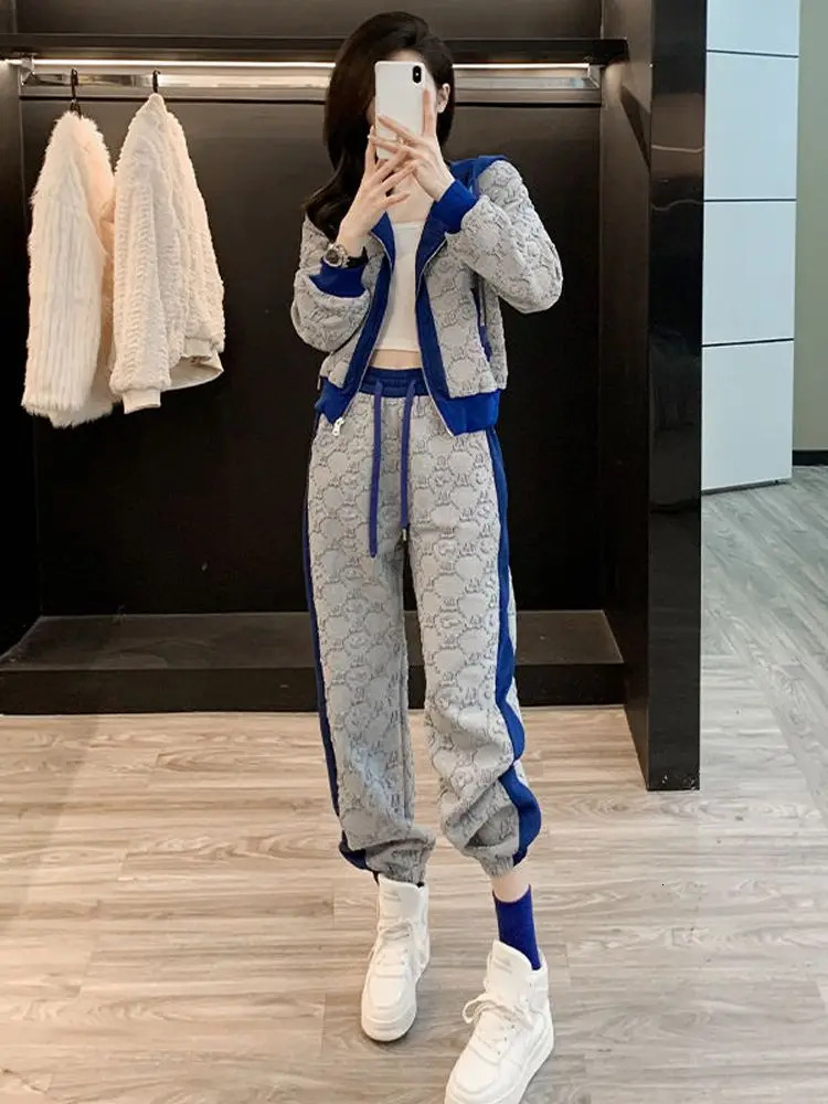 Ladies Trouser Draw String Sweatshirt Tracksuit Sport Color Matching Women's Pants Two Piece Set Spring Autumn Tailor New