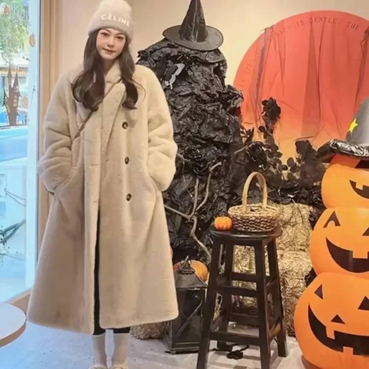 Suit collar long coat 2024 autumn and winter rabbit fur thickened warm highend environmentally friendly 241223