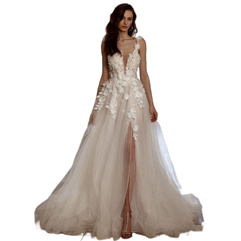 Soaghetti Side Split Beach Wedding Dresses With 3D Floal Appliques V-Neck Sexy Long Ivory Tulle Boho Bridal Gowns Backless Bride Dress Custom Made