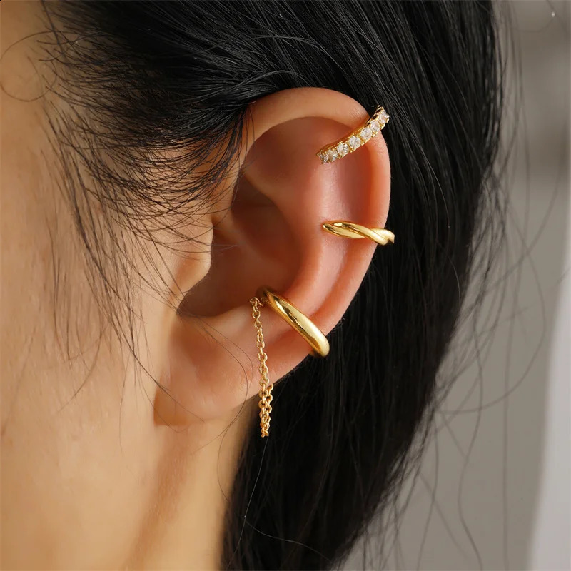 3Pcs Vintage Simple Metal Crystal Ear Cuff for Women Teens Gold Color Non Piercing Cartilage Clip Earrings Set Jewelry Gift 241225