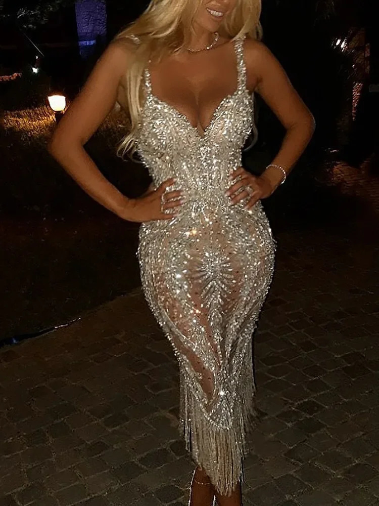 Cross-Border Womens Clothing European American Foreign Trade Long Sleeve Sequined Dress Deep V Neck Small Gown 241230
