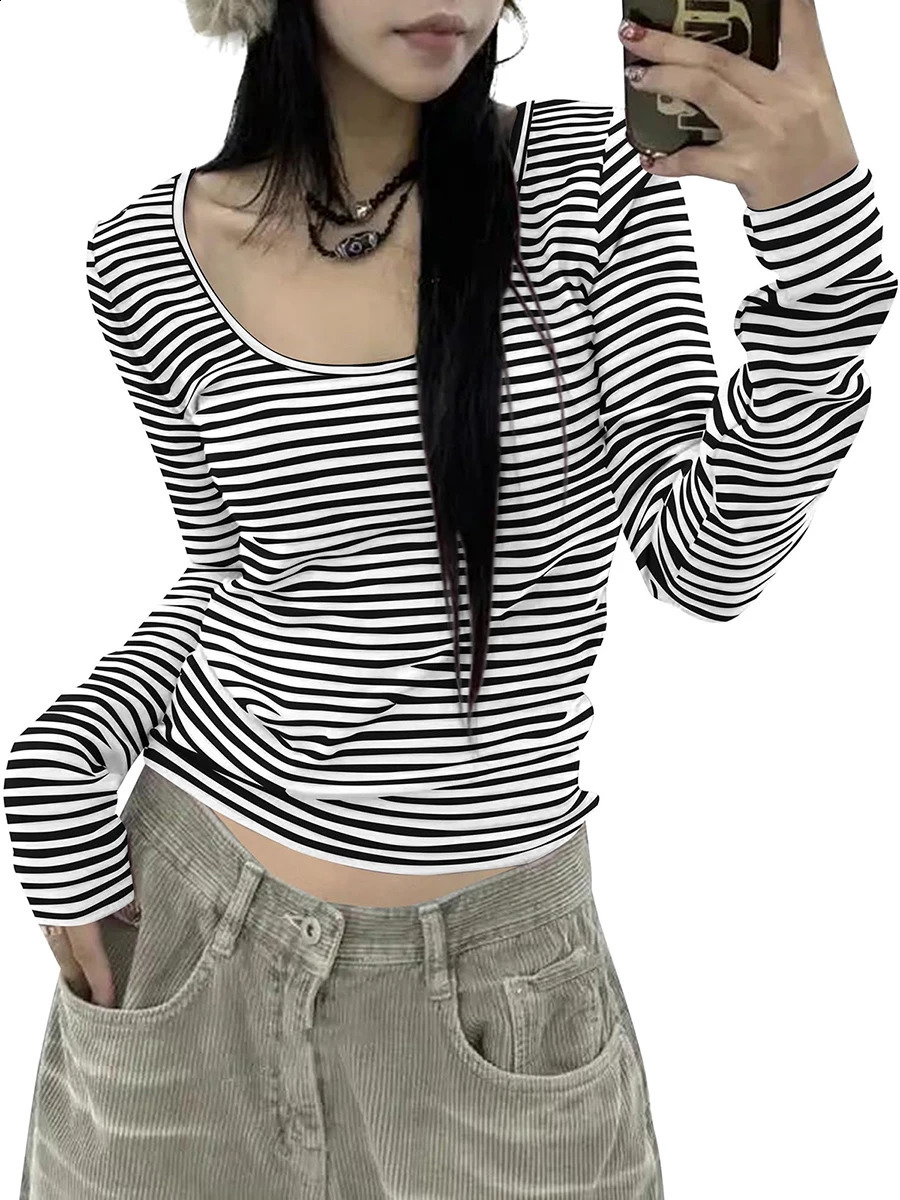 wsevypo Women Basic T-shirt Fall Spring Striped Casual Tops Long Sleeve Scoop Neck Slim fit Pullovers Harajuku Streetwear 241224