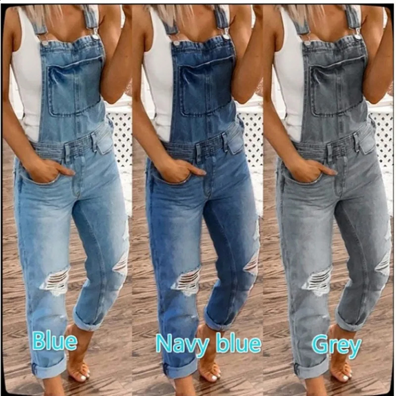 Suspenders Denim Jumpsuit For Women Fashion Ripped Jeans Jumpsuit Casual Female Clothing S-3XL Drop 241230