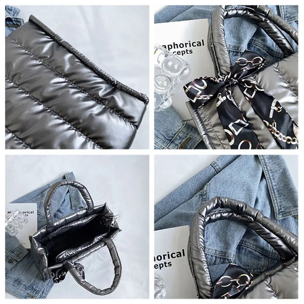 Elegant Ribbons Womens Bag Down Fabric Cotton Shoulder Crossbody Bags Winter Casual Quilted Padded Space Handbags 241227