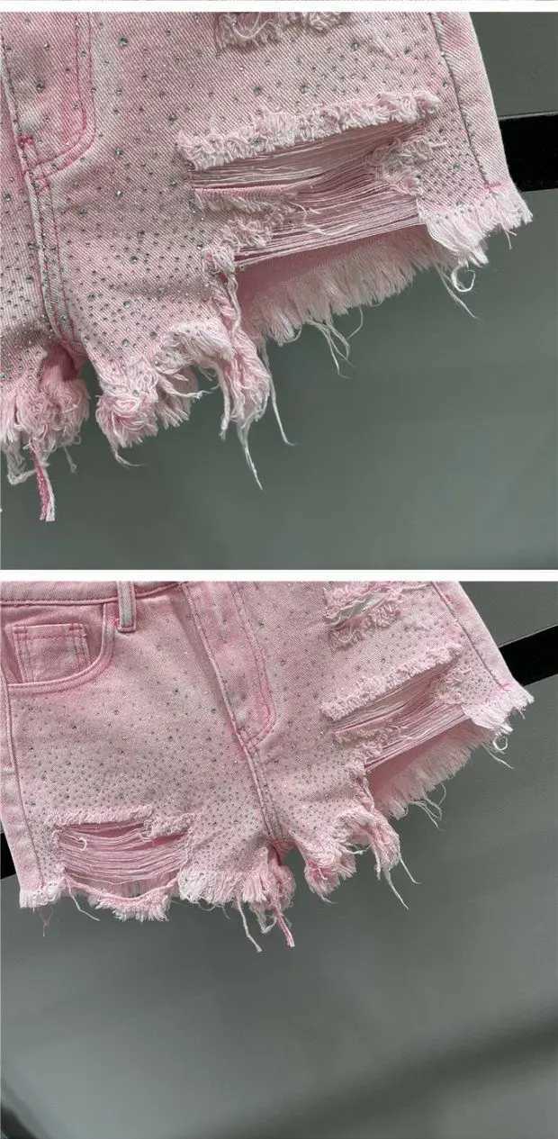 Fashion Rhine Denim Shorts for Women 2025 New High Waist Ripped Holes Shorts Jeans Fe Street Wide Leg ShortsX241230