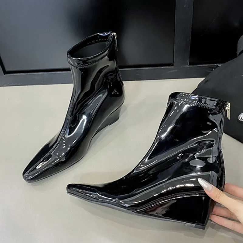 2025 NEW Ankle Boots High Quality Soft Cozy Patent Leather Women Sexy Pointed Toe Wedges Heels Party Prom Shoe Booties Female Pumps