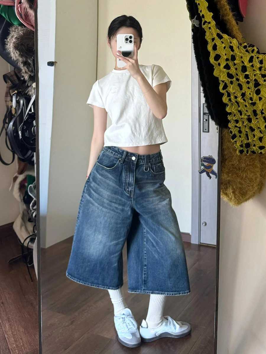 2024 Vintage Wash Whiskers Denim Shorts Women Low Rise Distressed Frayed Wide Leg Baggy Jeans Jorts Casual Summer ClothesX241230
