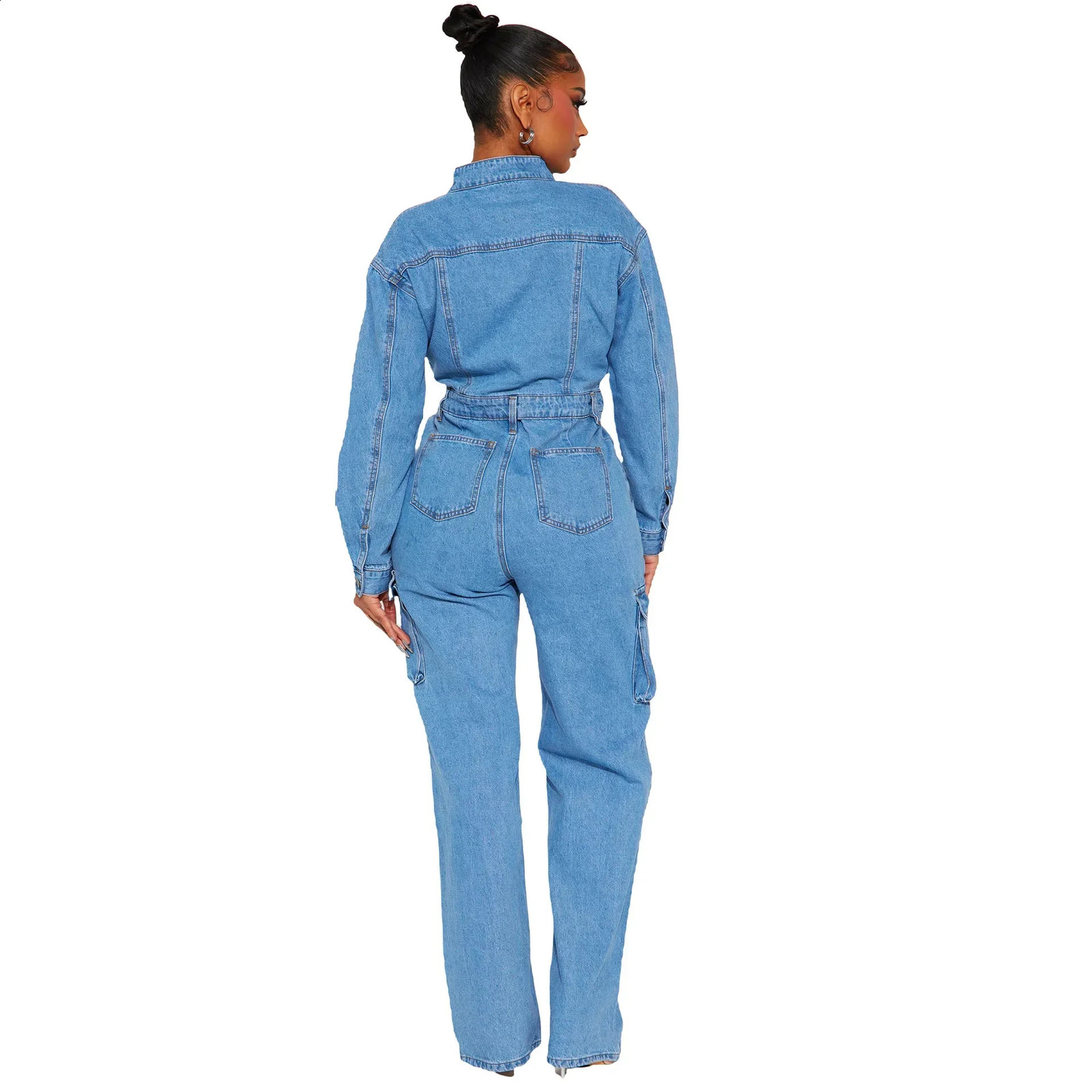 Womens Autumn and Winter Fashion Elastic Organ Bag Wash Denim Jumpsuit Stand Collar Long Sleeve Denim Bell Bottoms Overalls 241230