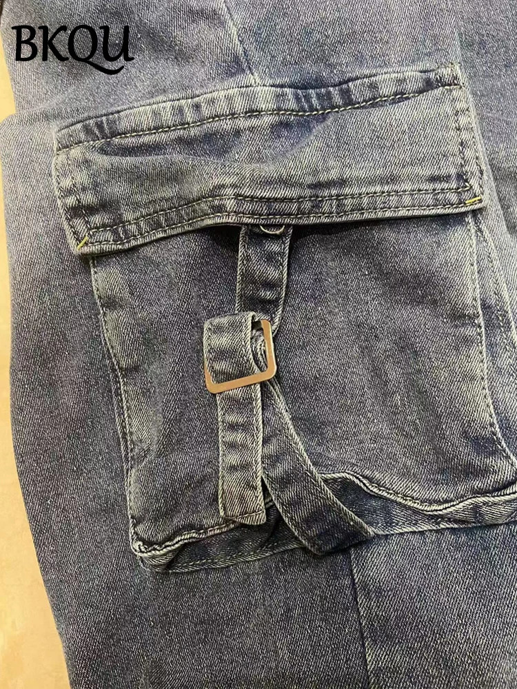 BKQU Denim Cargo Jumpsuit Women Pockets Patchwork Fashion Lapel Zipper Jean Stretch Overalls Playsuit Fall Winter Y2k Streetwear 241230